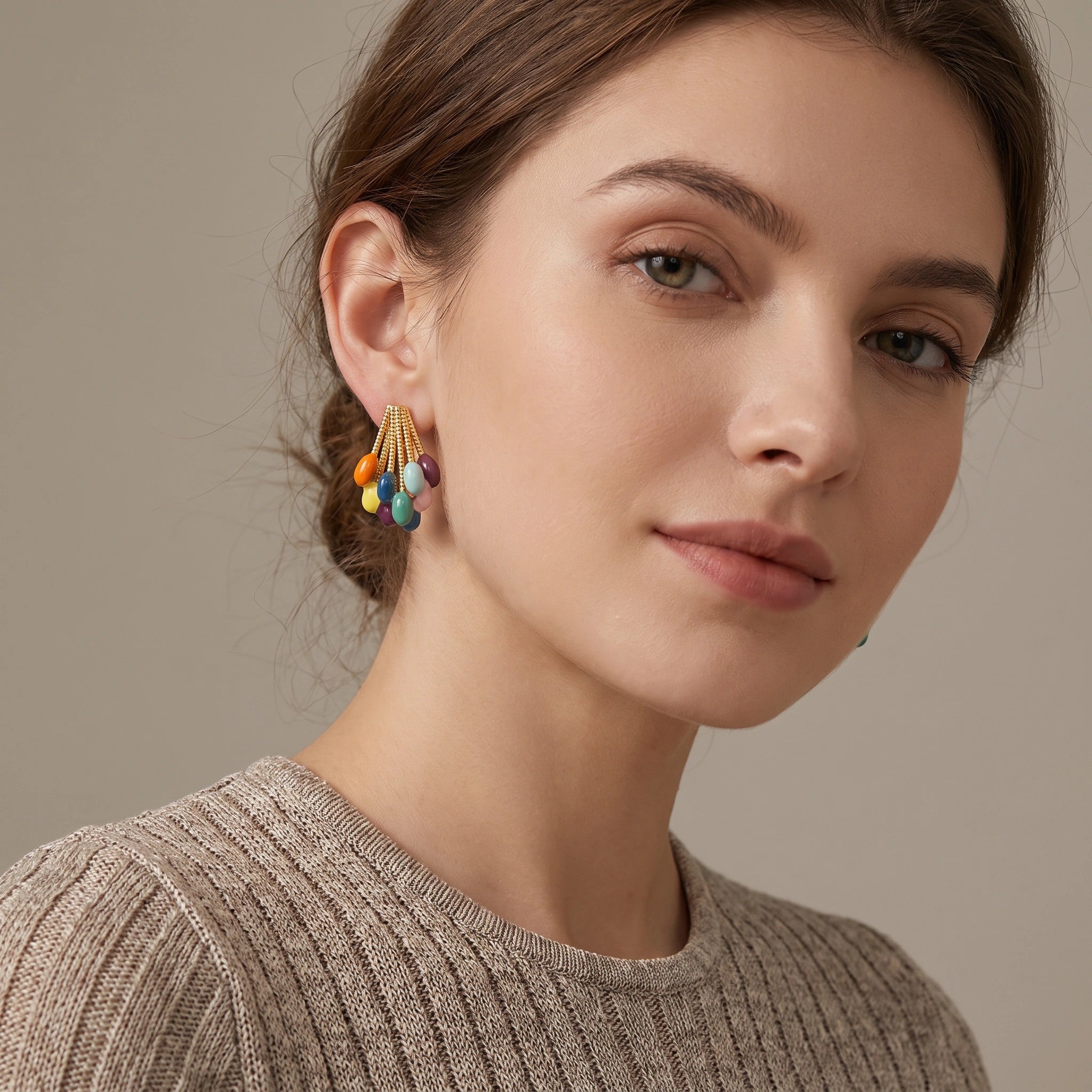 MYKI Multicolor Bead Korean Stud Earrings | Gold Thread Cluster Design (MKERCH835PI-ANT)