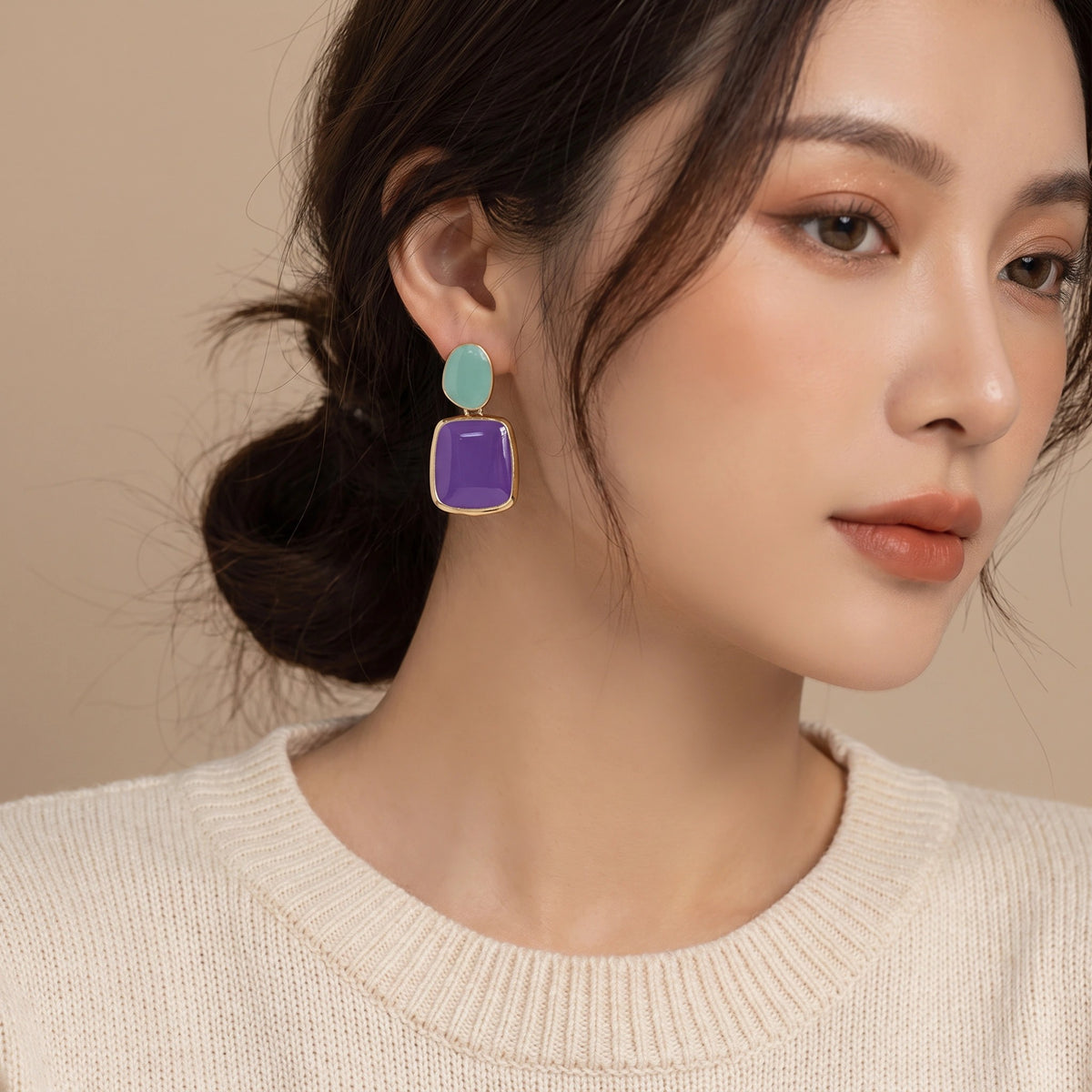 MYKI Mint Green & Purple Geometric Korean Dangle Earrings | Gold Plated (MKERCH842CP-ANT)