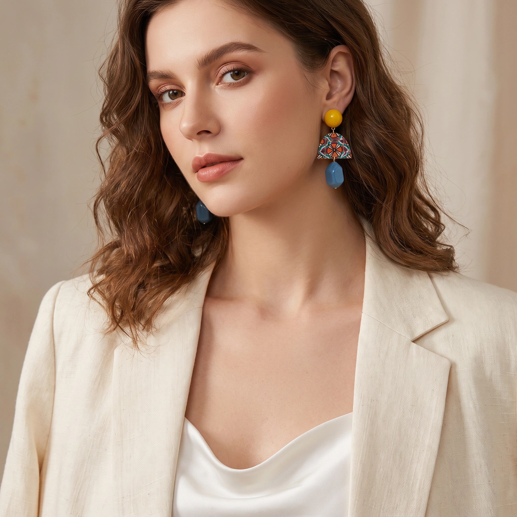 MYKI Yellow & Blue Abstract Korean Dangle Earrings | Artistic Design (MKERCH845CP-ANT)