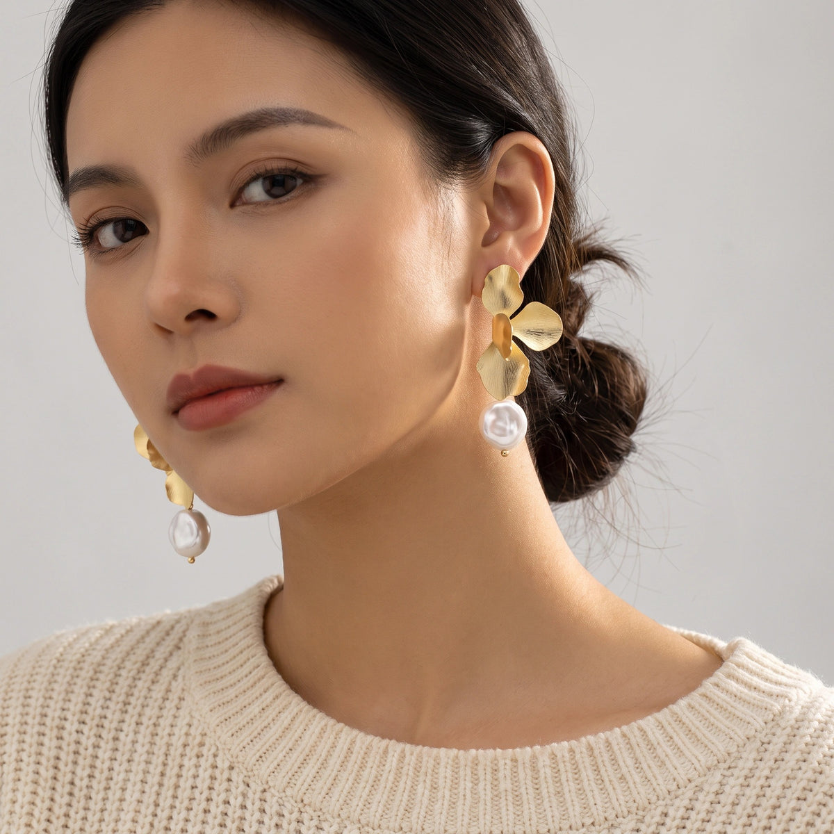 MYKI Gold Petal Pearl Drop Korean Earrings | Floral Partywear Design (MKERCH848PI-ANT)