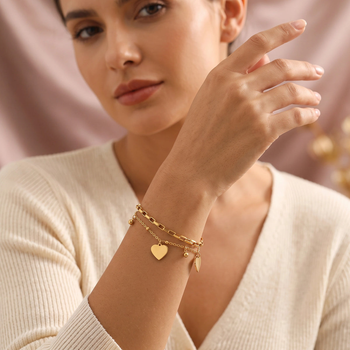 MYKI Gold-Plated Heart Charm Layered Bracelet(MKBRAD858G-SSYI)