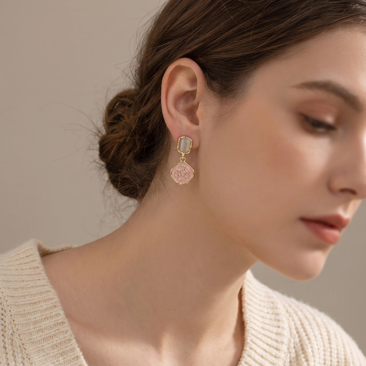 MYKI Pink Floral Drop Korean Earrings | Gold Plated Enamel Design (MKERCH861PI-ANT)
