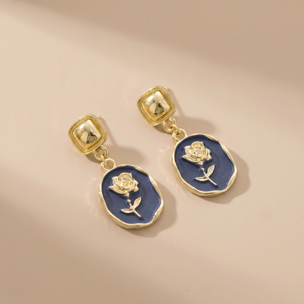 MYKI Navy Blue Rose Korean Drop Earrings | Gold Enamel Finish (MKERCH864PI-ANT)