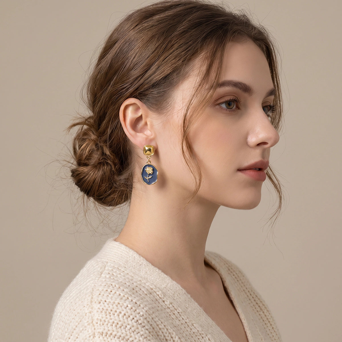 MYKI Navy Blue Rose Korean Drop Earrings | Gold Enamel Finish (MKERCH864PI-ANT)