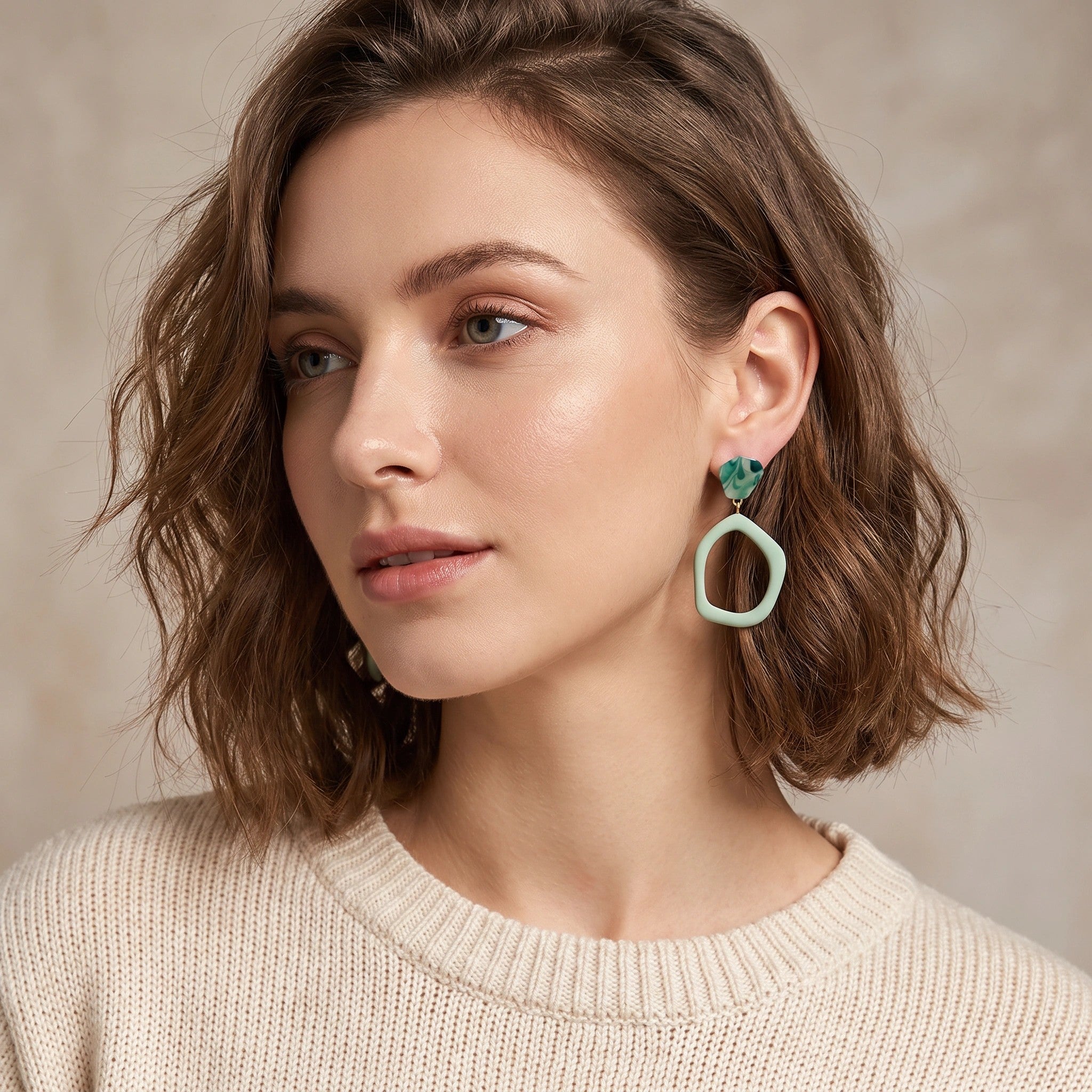 MYKI Green Hollow Oval Korean Dangle Earrings | Matte Finish Statement Design (MKERCH872CP-ANT)
