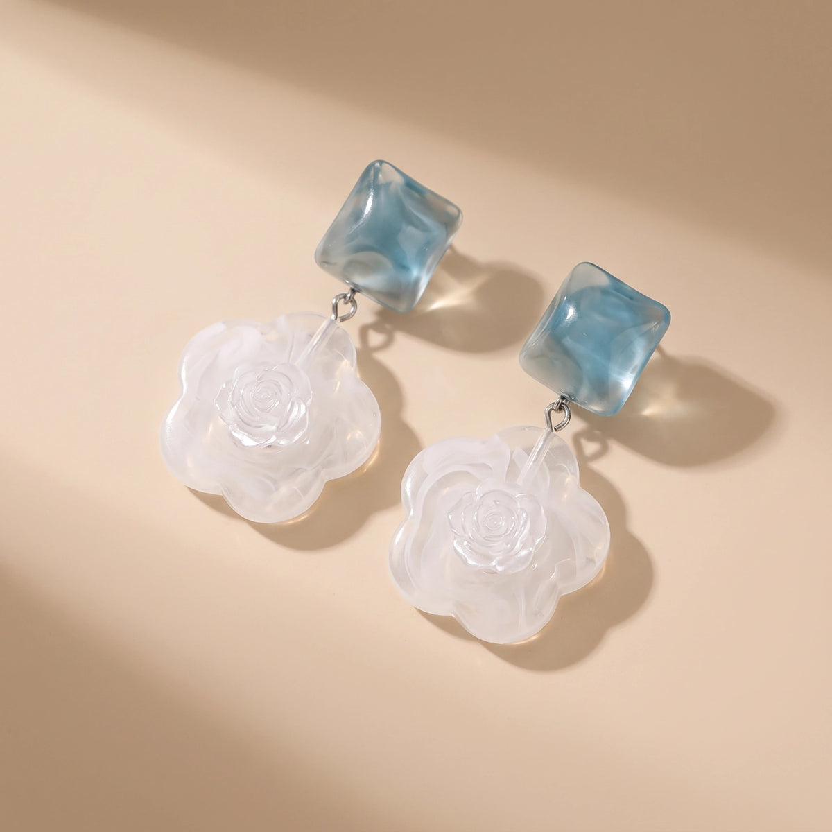 MYKI White Floral Korean Dangle Earrings | Blue Stone Accent (MKERCH873PI-ANT)