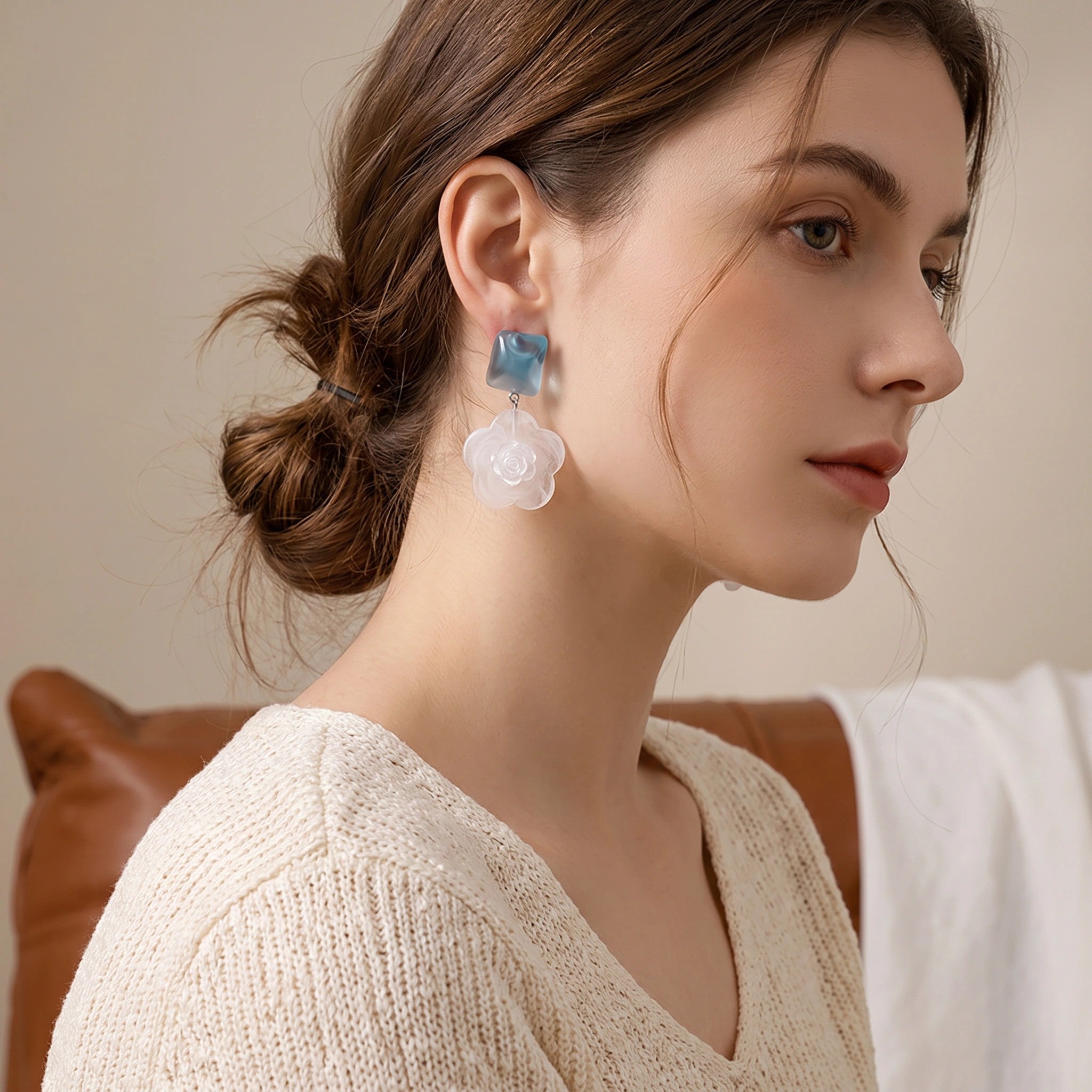 MYKI White Floral Korean Dangle Earrings | Blue Stone Accent (MKERCH873PI-ANT)