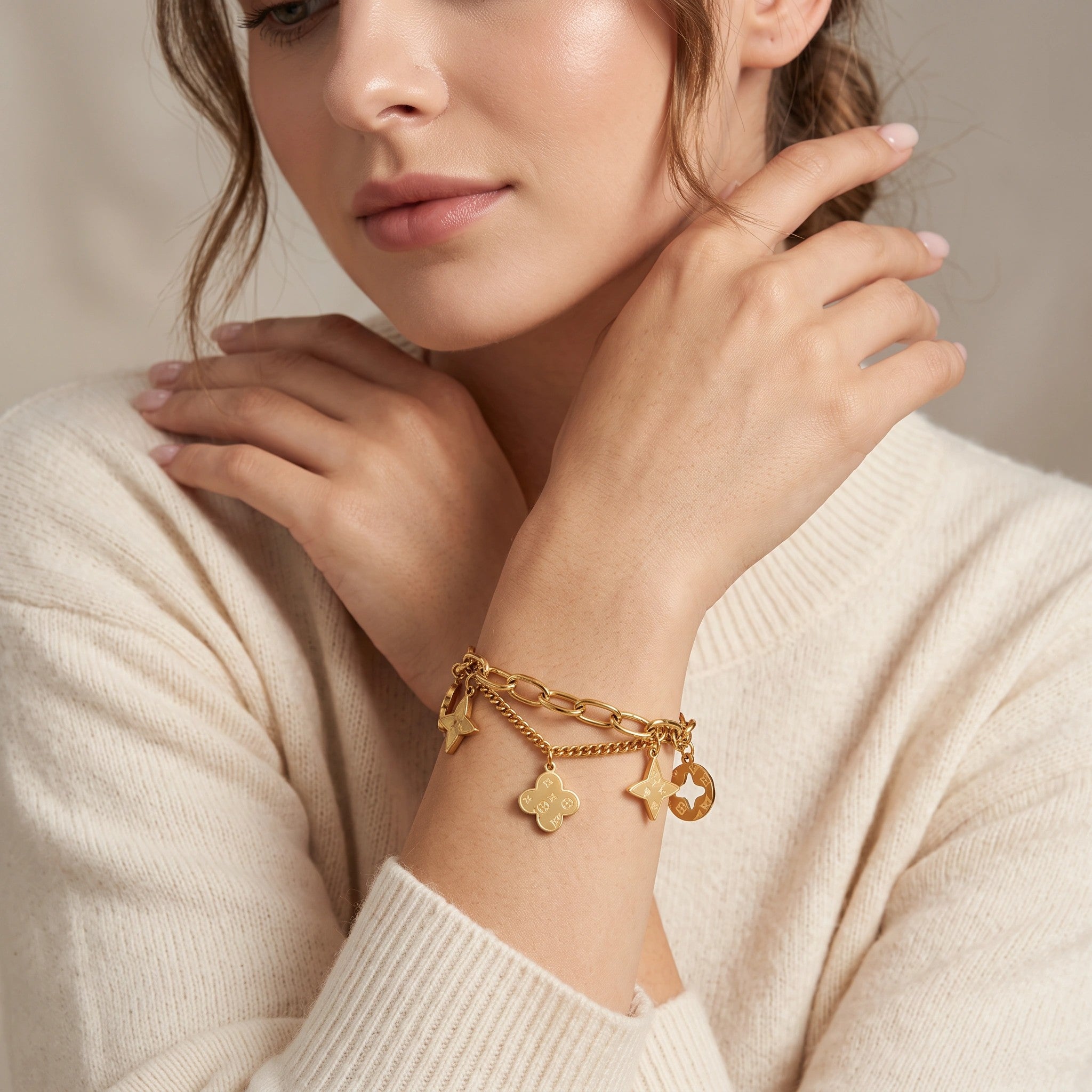 MYKI Gold-Plated Star & Clover Charm Layered Bracelet – Lucky Motif Theme | MYKI(MKBRAD875G-SSYI)