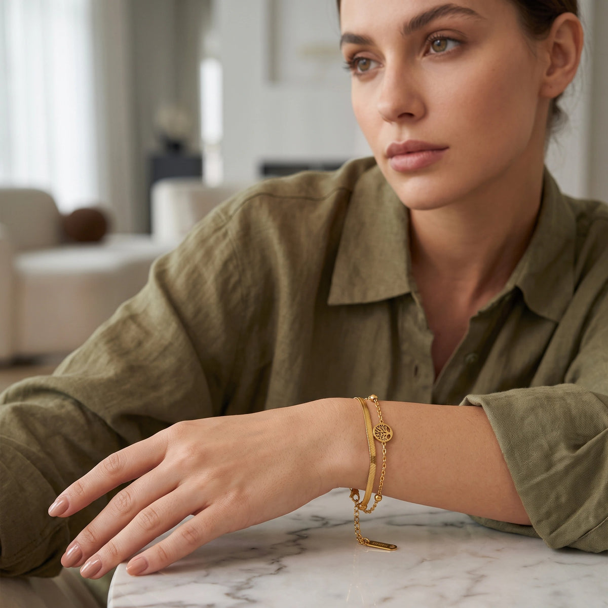 MYKI Gold-Plated Tree of Life Charm Layered Bracelet – Anti-Tarnish Adjustable(MKBRAD876G-SSYI)