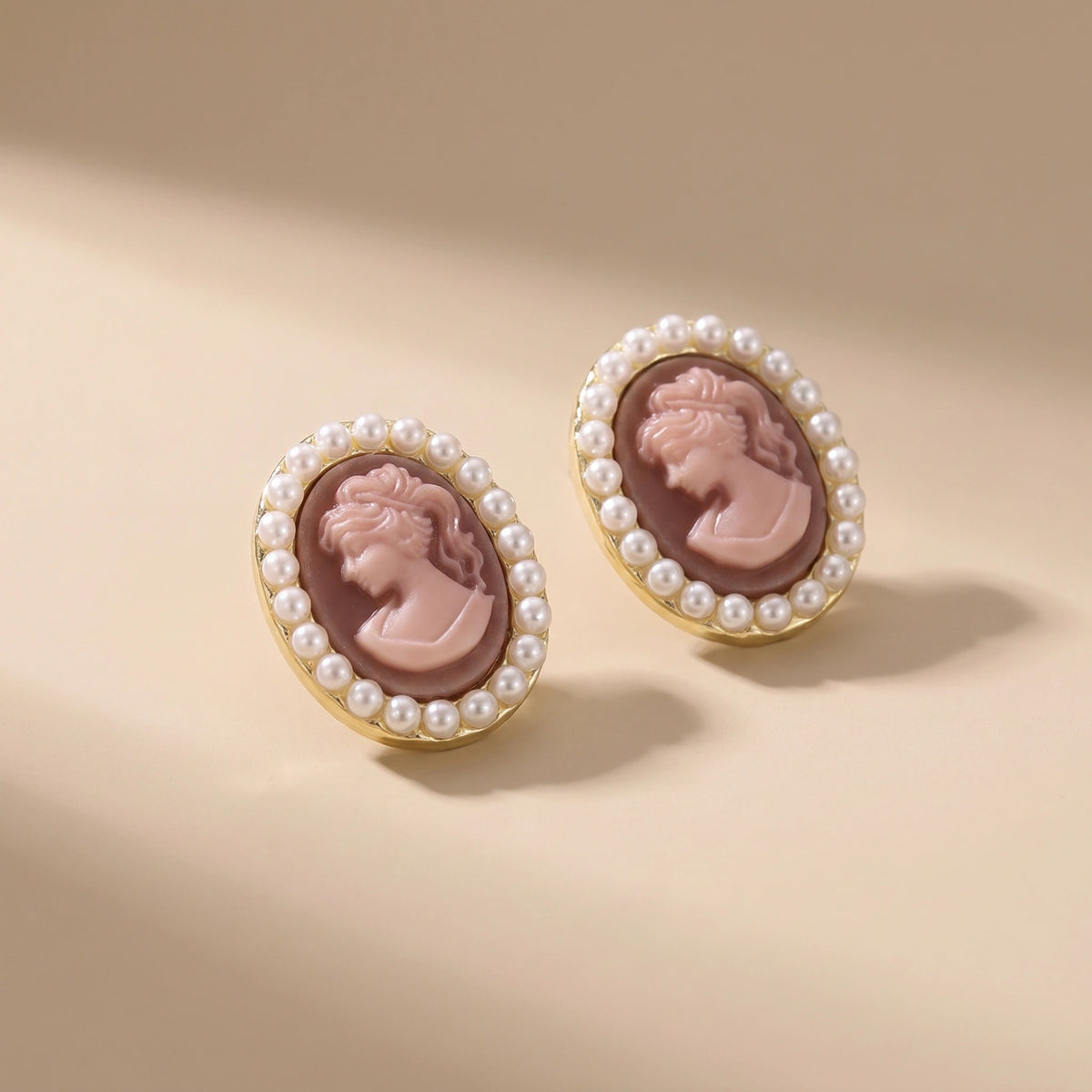 MYKI Vintage Cameo Pearl Border Korean Stud Earrings | Brown Gold Finish (MKERCH876CP-ANT)