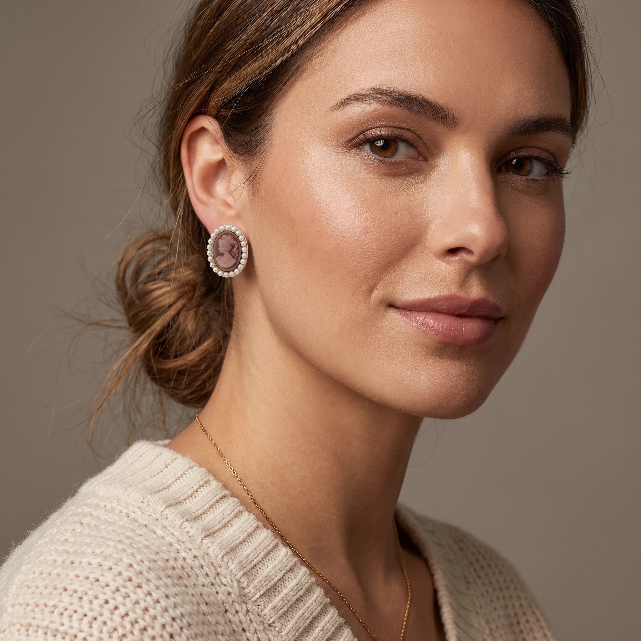 MYKI Vintage Cameo Pearl Border Korean Stud Earrings | Brown Gold Finish (MKERCH876CP-ANT)