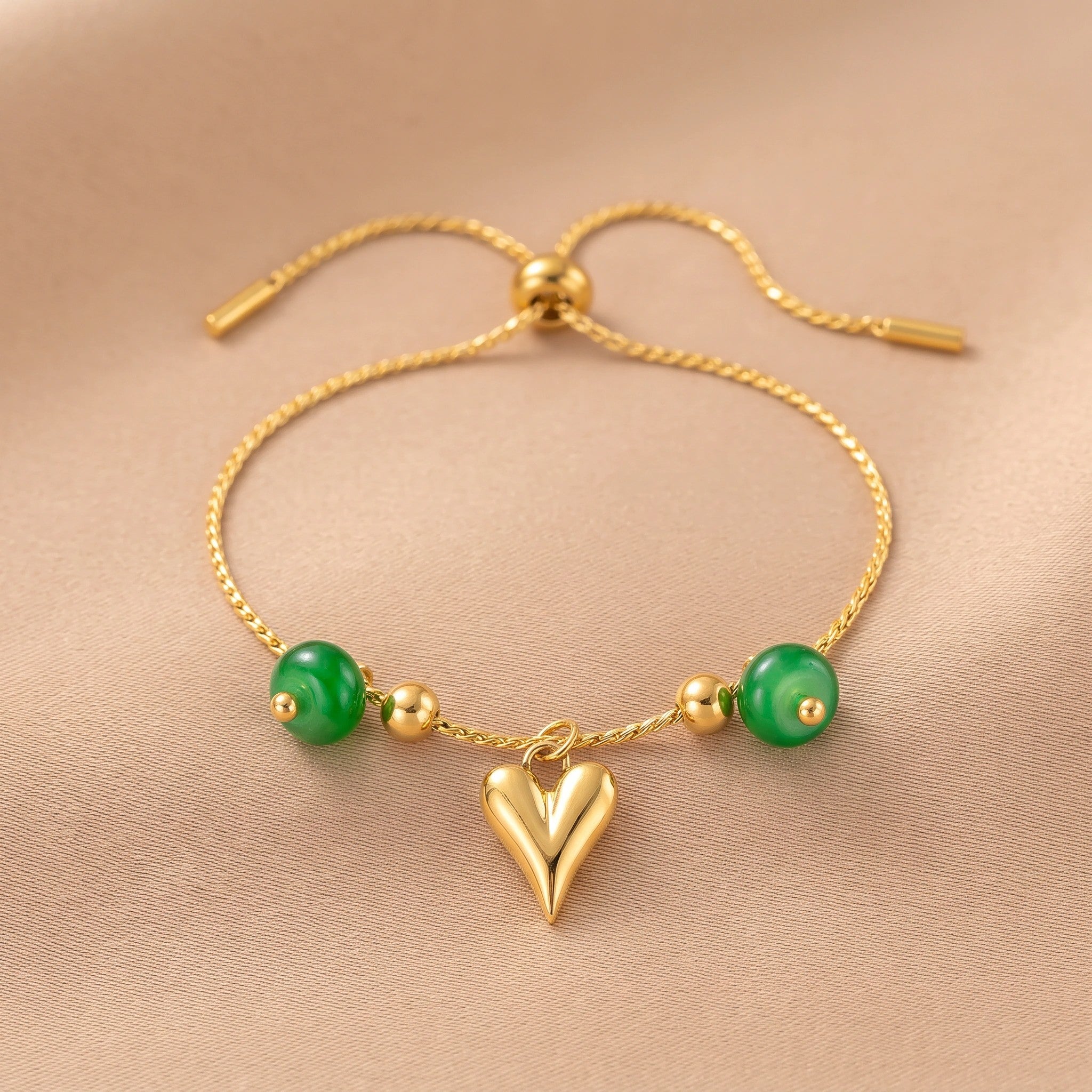 MYKI Gold-Plated Adjustable Heart Charm Bracelet with Green Beads – Anti-Tarnish(MKBRAD880G-SSYI)