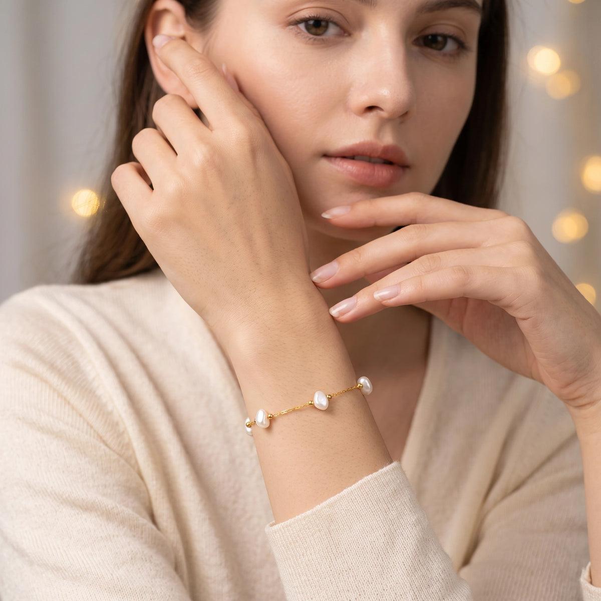MYKI Gold-Plated Irregular Pearl Bead Chain Bracelet – Anti-Tarnish Elegant Design(MKBRAD885G-SSYI)
