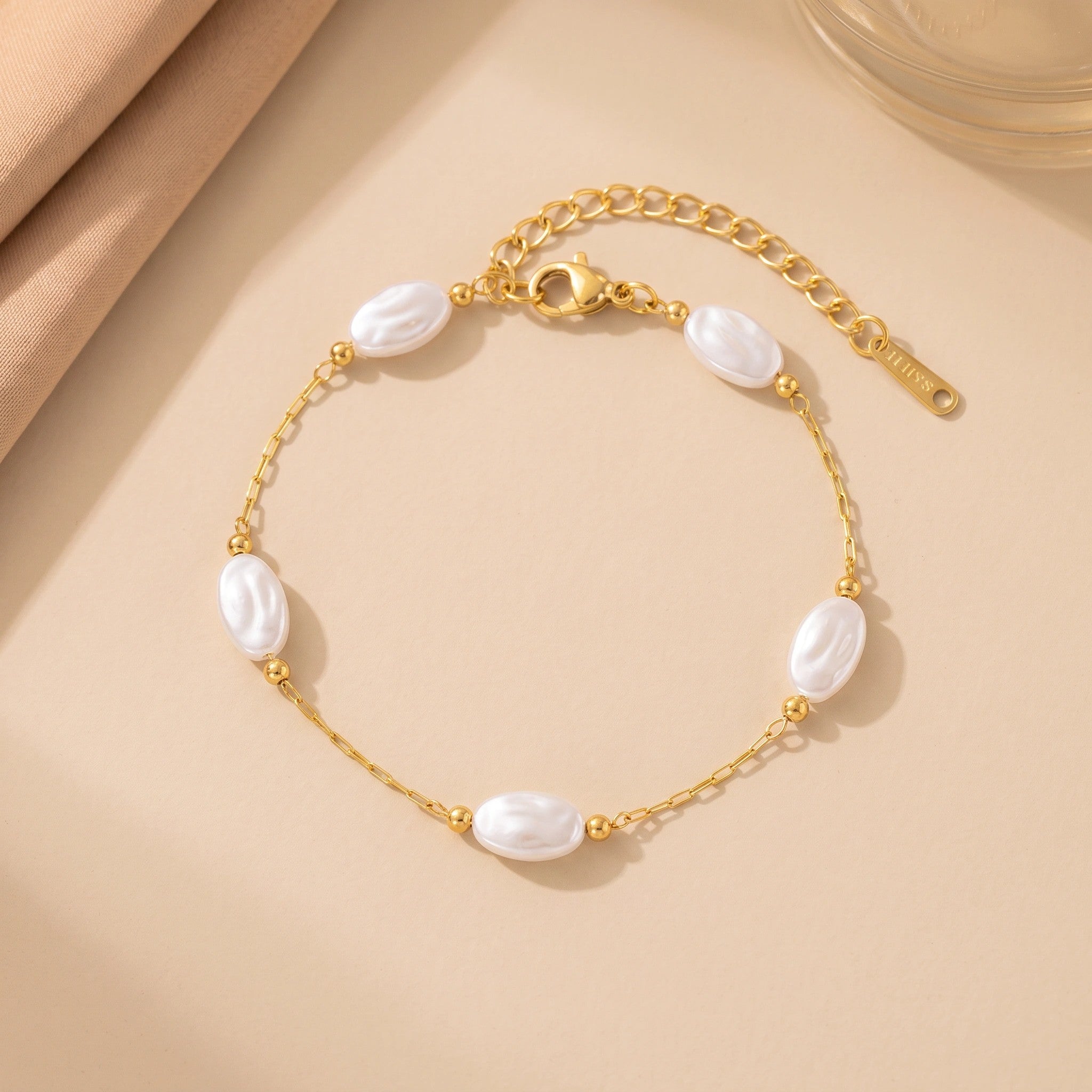 MYKI Gold-Plated Oval Pearl Bead Chain Bracelet – Anti-Tarnish Minimal Style(MKBRAD886G-SSYI)