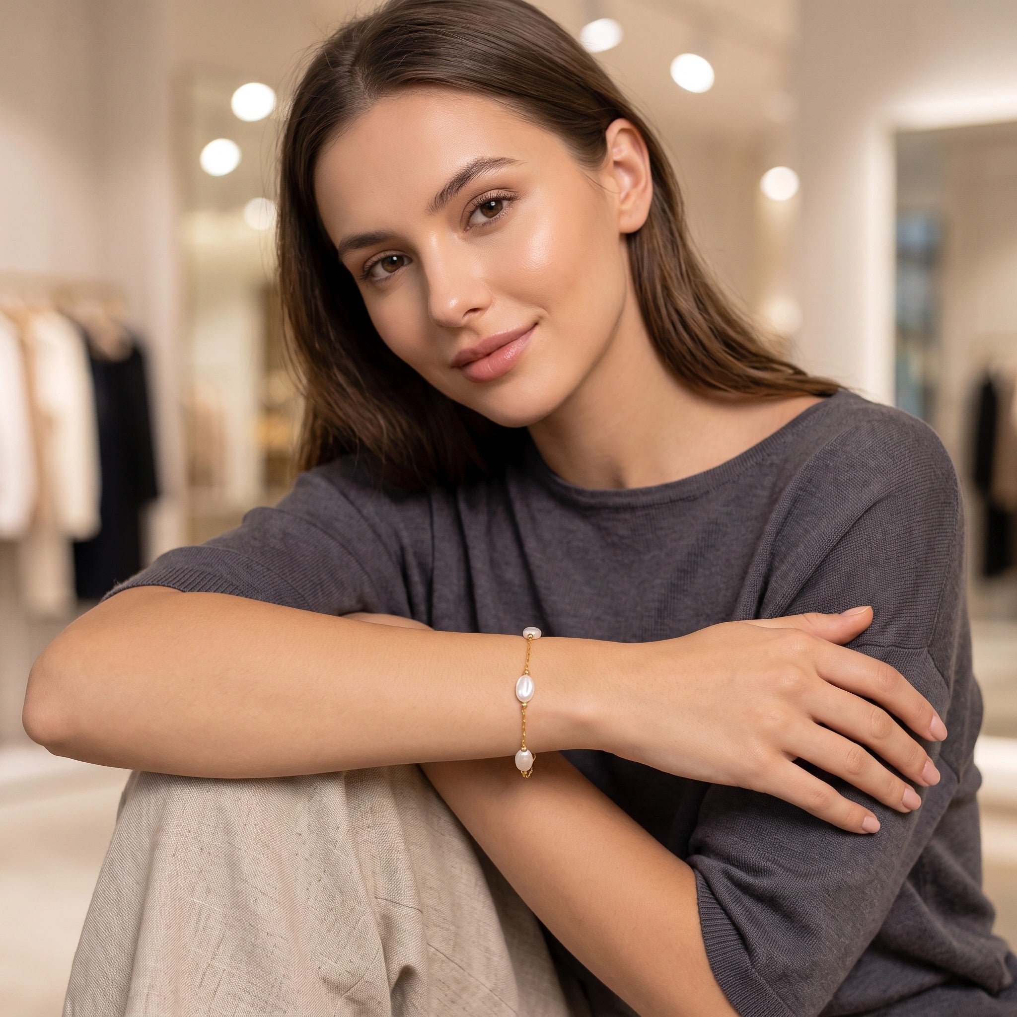 MYKI Gold-Plated Oval Pearl Bead Chain Bracelet – Anti-Tarnish Minimal Style(MKBRAD886G-SSYI)
