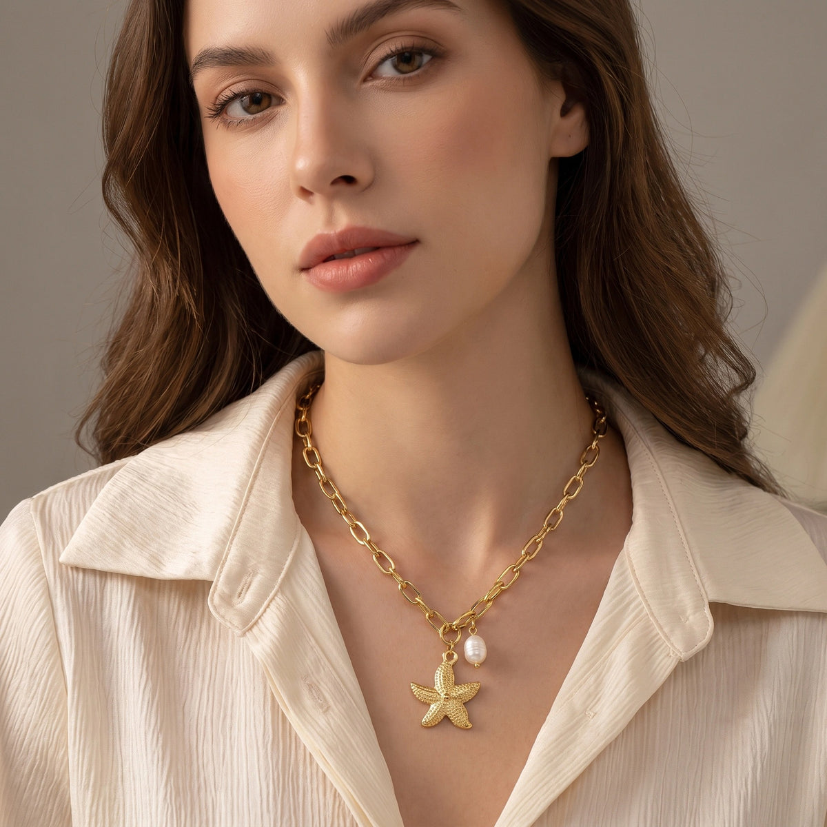 MYKI Starfish Pearl Charm Gold-Plated Necklace (MK887G-SSYI)