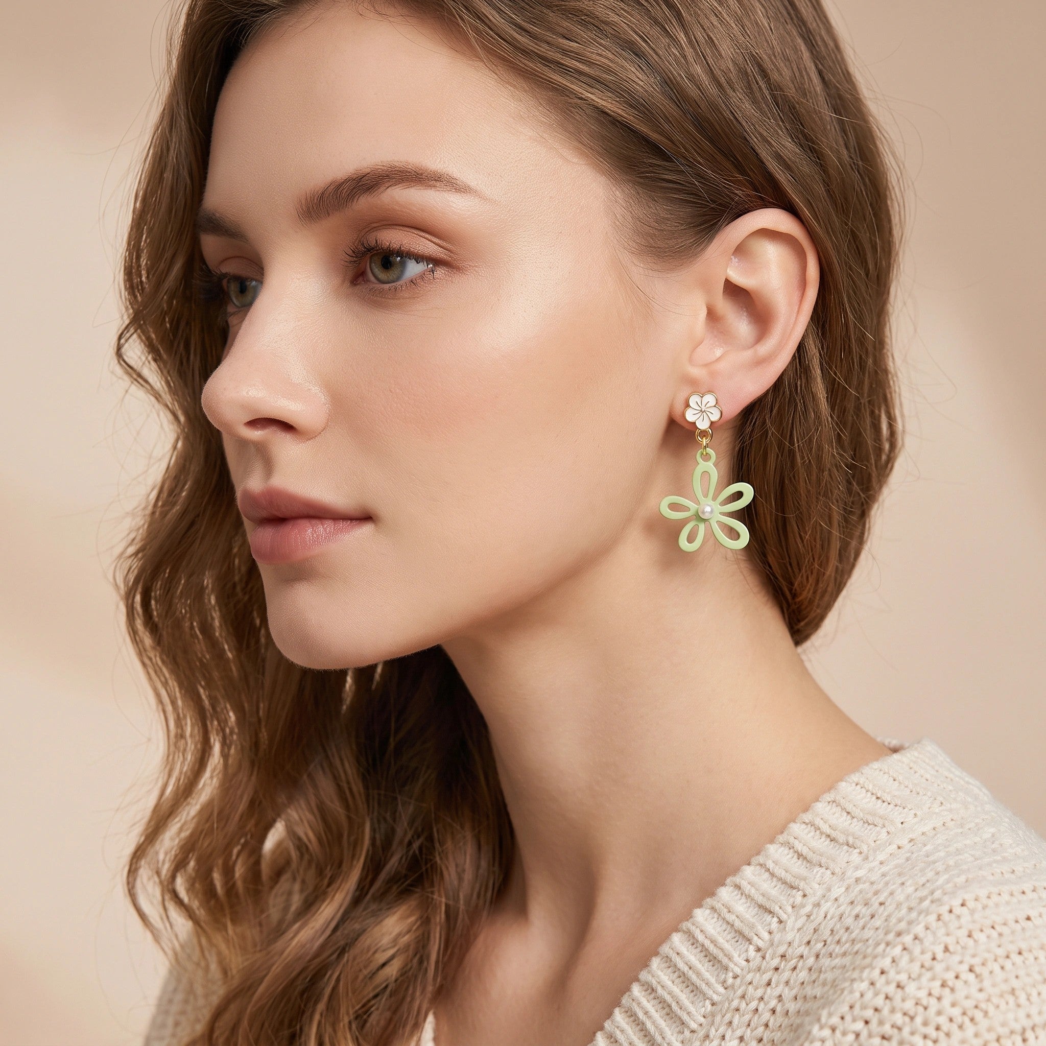 MYKI Green Floral Pearl Korean Dangle Earrings (MKERCH895PI-ANT)