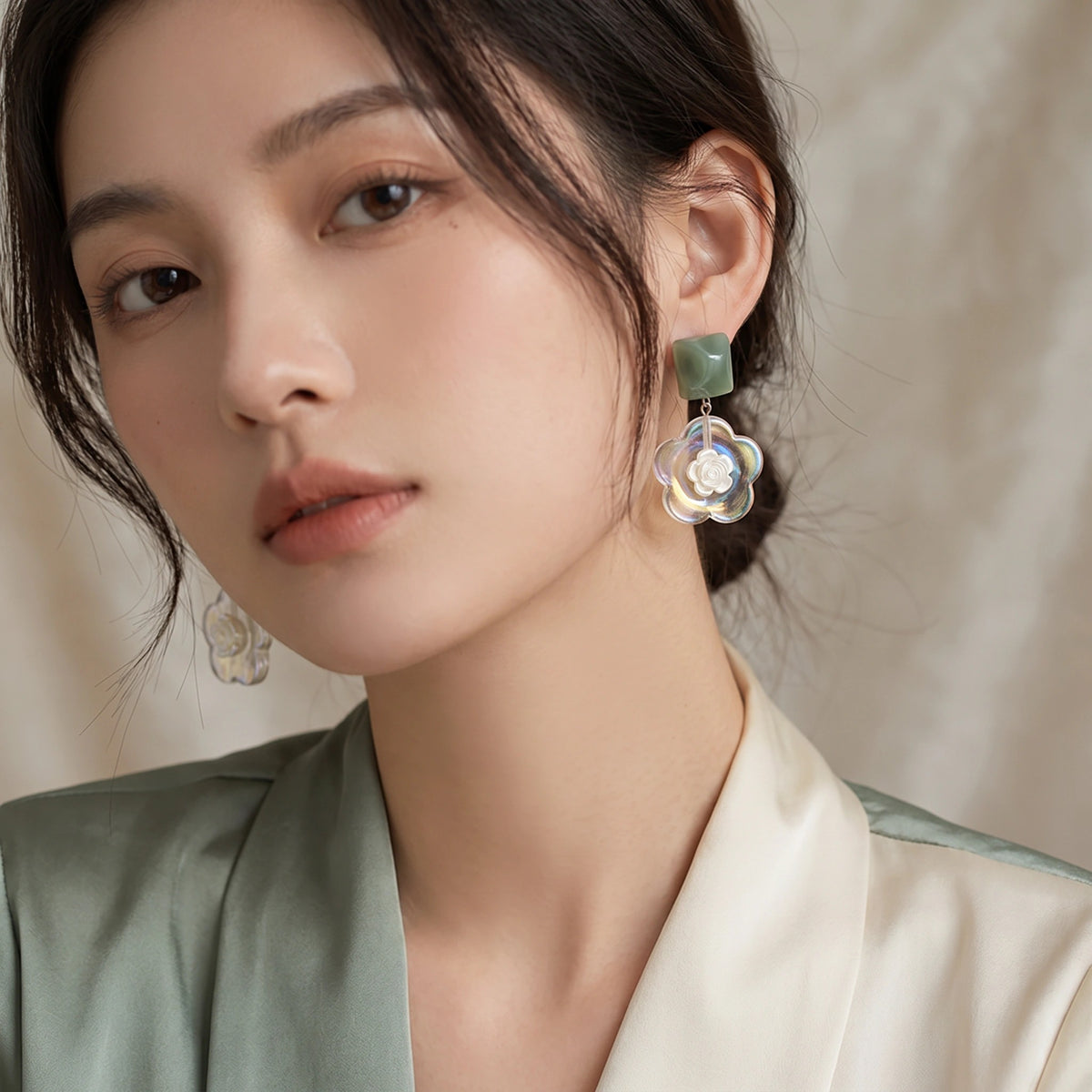 MYKI Green Square Floral Korean Dangle Earrings (MKERCH896CP-ANT)