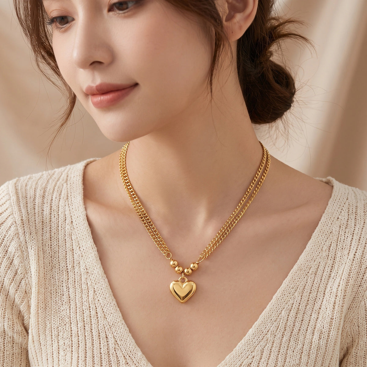 MYKI Gold-Plated Heart Pendant Double Layer Necklace (MK897G-SSYI)