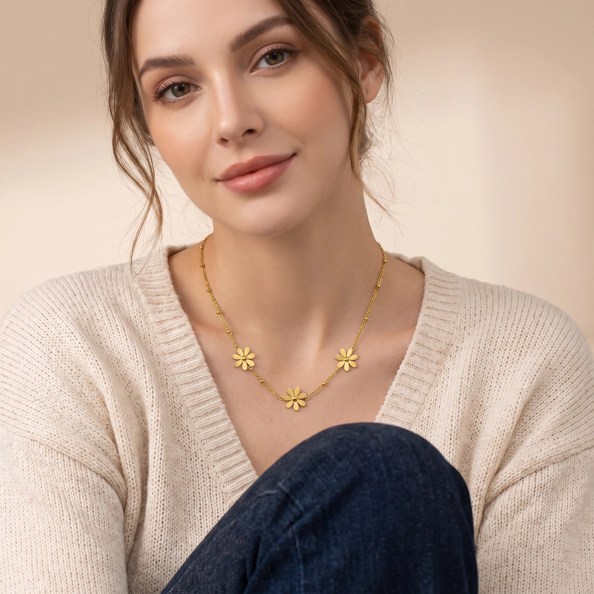 MYKI Gold-Plated Three Flower Charm Necklace (MK900G-SSYI)