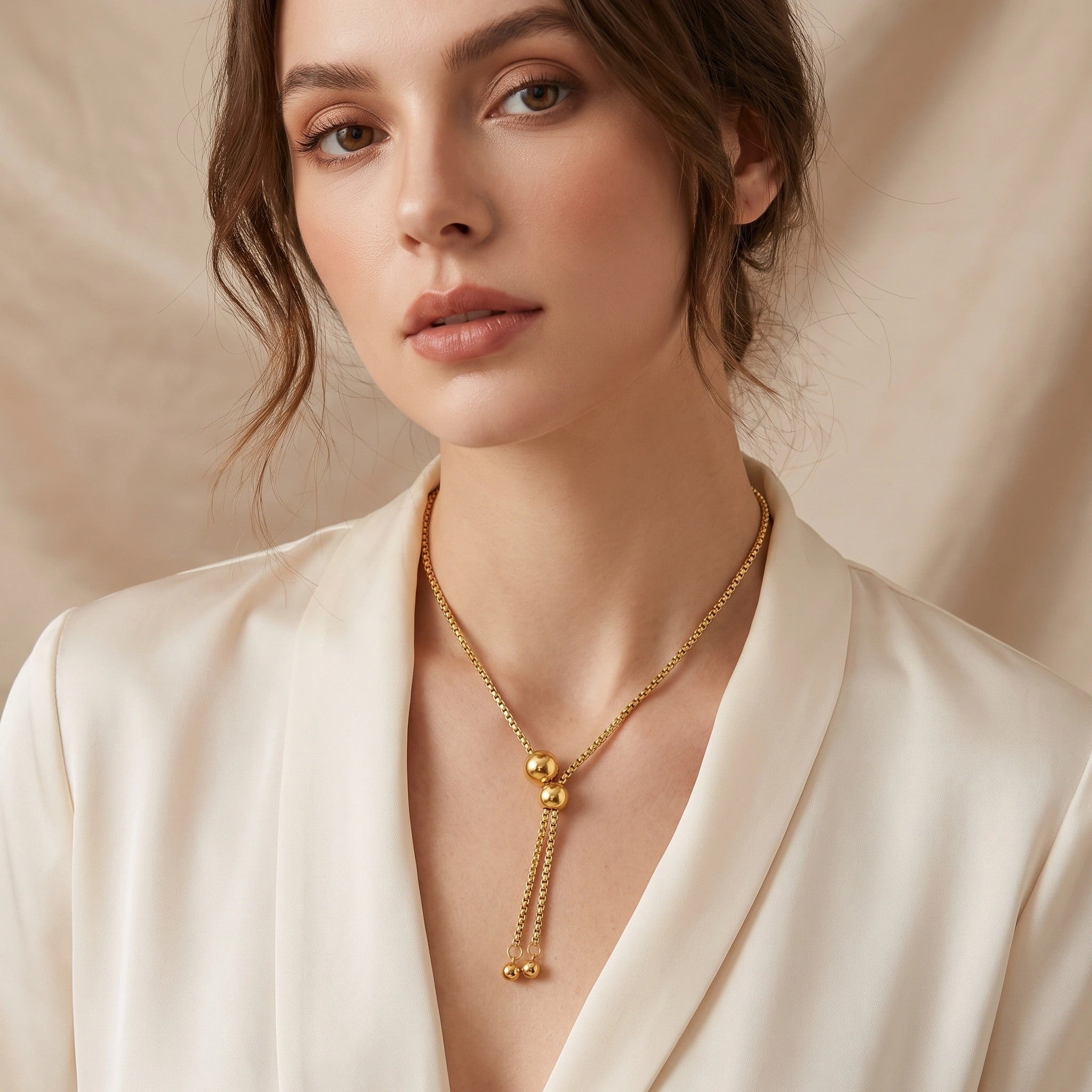 MYKI Gold-Plated Double Bead Drop Pendant Necklace (MK901G-SSYI)