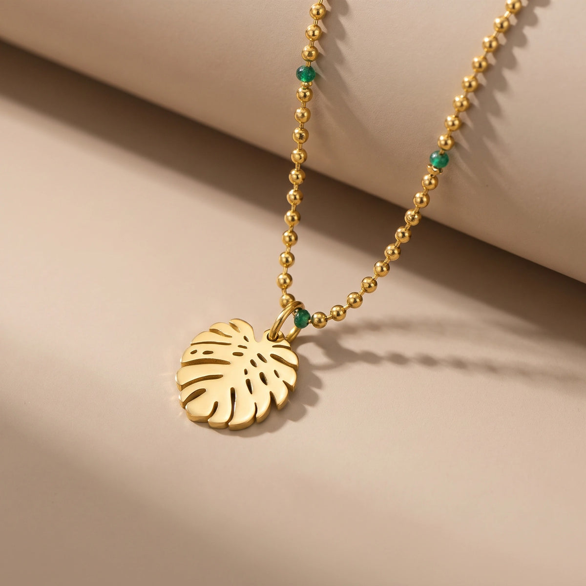 MYKI Gold-Plated Leaf Pendant Beaded Chain Necklace (MK906G-SSYI)