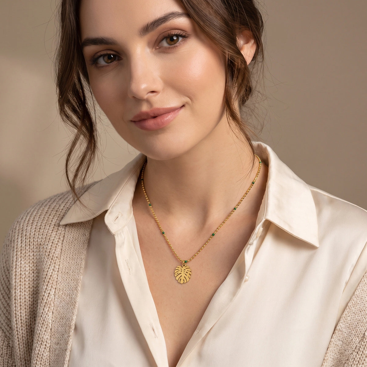 MYKI Gold-Plated Leaf Pendant Beaded Chain Necklace (MK906G-SSYI)