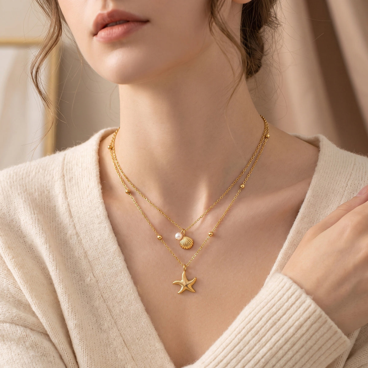 MYKI Starfish & Shell Layered Gold-Plated Necklace (MK907G-SSYI)