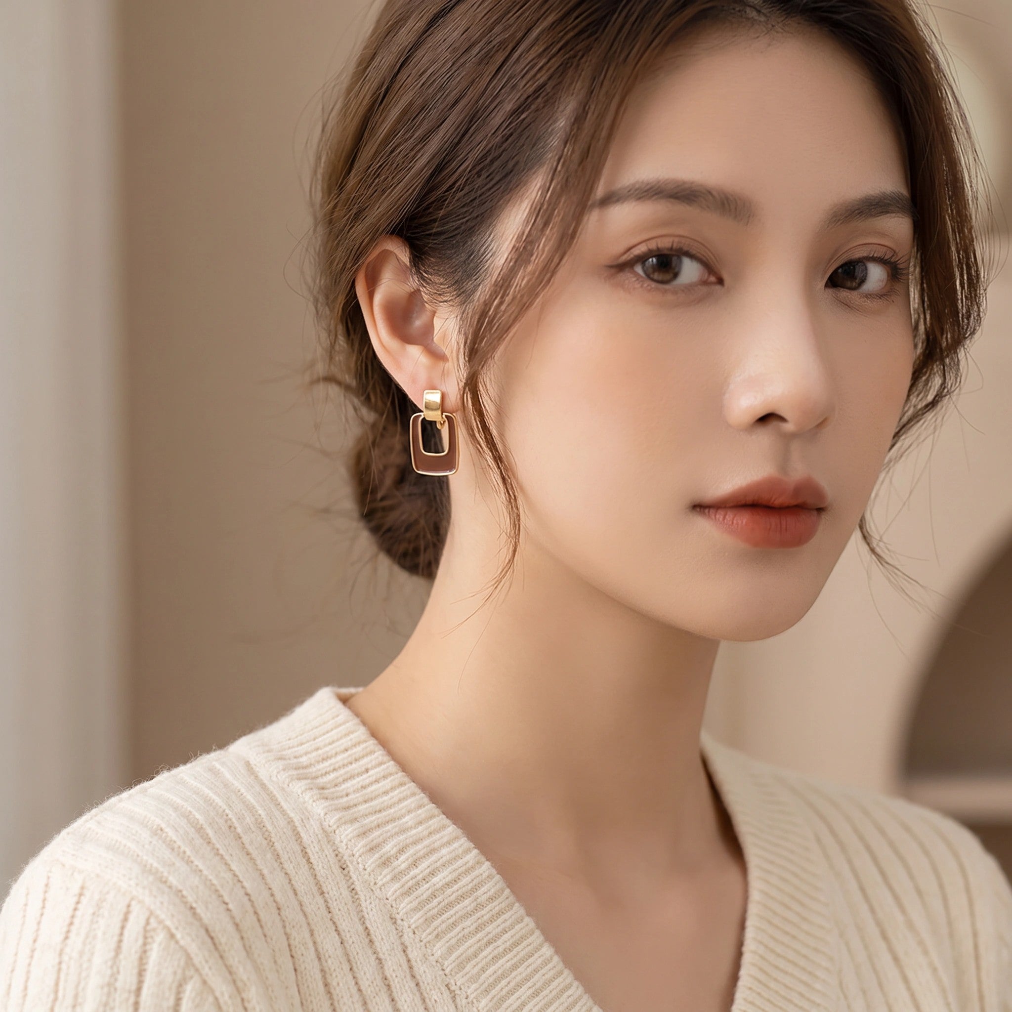 MYKI Brown Gold Rectangular Korean Stud Earrings (MKERCH911CP-ANT)