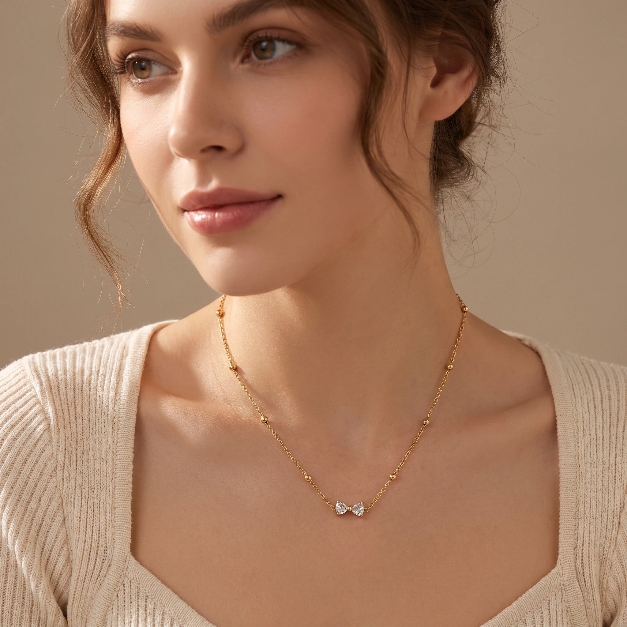 MYKI Delicate Bow Gold Necklace with Crystals (MK914G-SSYI)