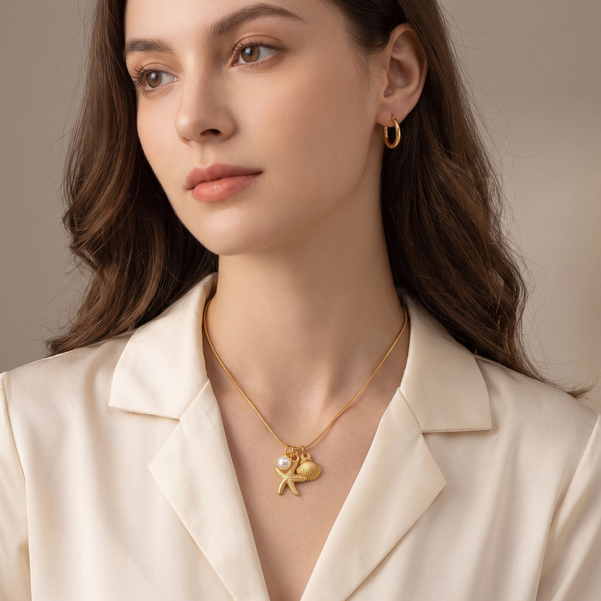 MYKI Anti-Tarnish Starfish & Shell Pendant Gold Necklace (MK919G-SSYI)
