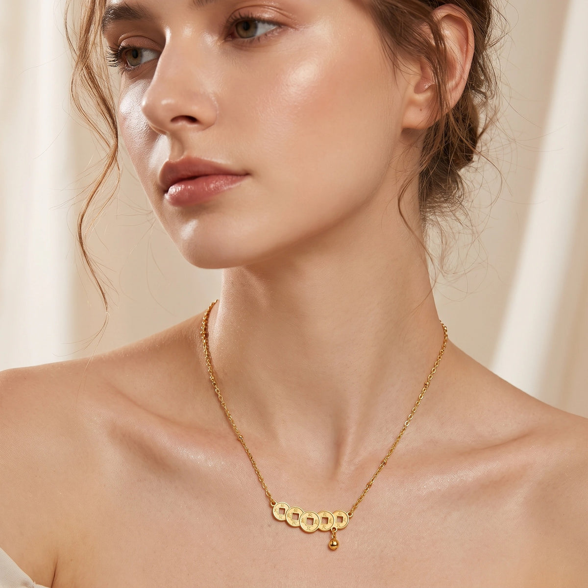 MYKI Anti-Tarnish Geometric Coin Charm Gold Necklace (MK923G-SSYI)