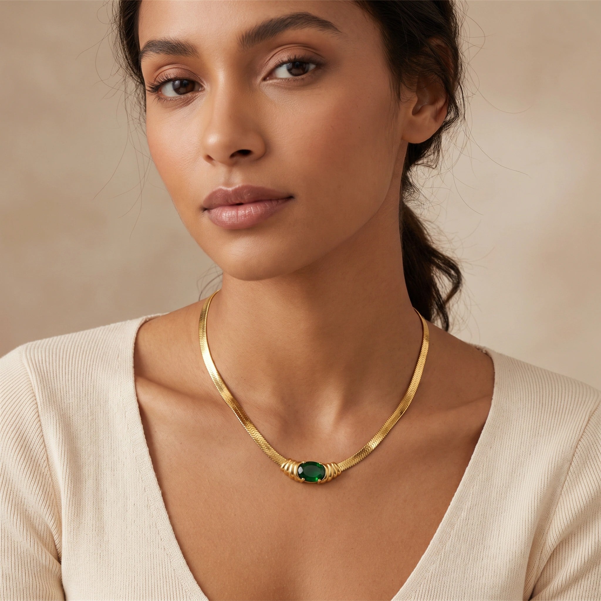 MYKI Anti-Tarnish Green Stone Gold Collar Necklace (MK930G-SSYI)
