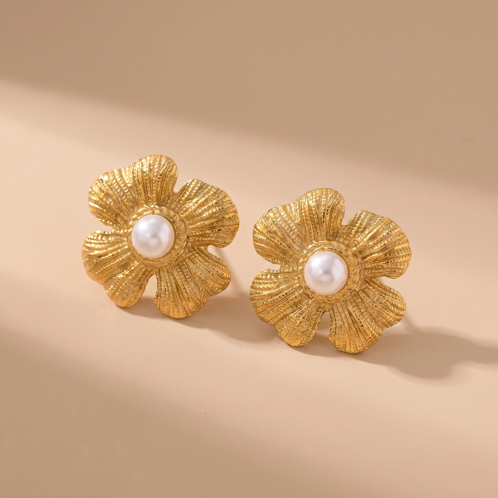MYKI Gold Plated Floral Pearl Center Anti-Tarnish Stud Earrings (MKERCH934G-SSYI)