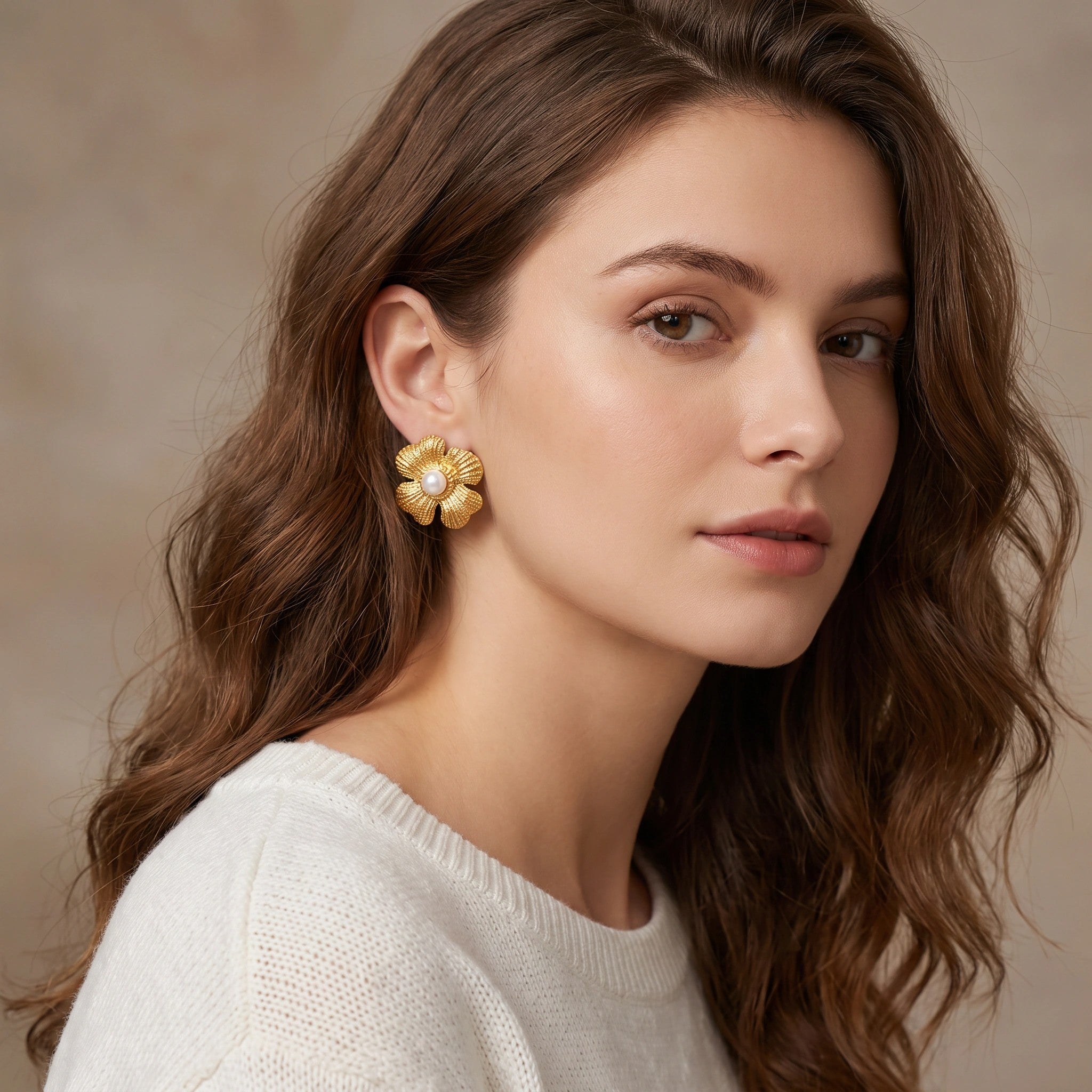 MYKI Gold Plated Floral Pearl Center Anti-Tarnish Stud Earrings (MKERCH934G-SSYI)