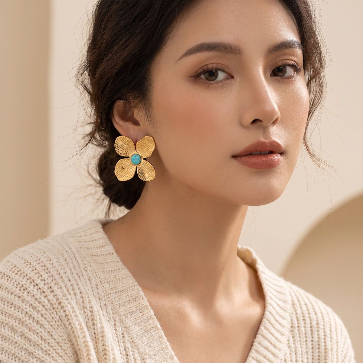 MYKI Gold Plated Blue Stone Floral Anti-Tarnish Stud Earrings (MKERCH935G-SSYI)