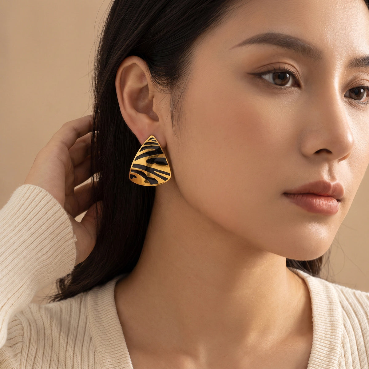 MYKI Gold Plated Zebra Print Anti-Tarnish Statement Earrings (MKERCH937G-SSYI)