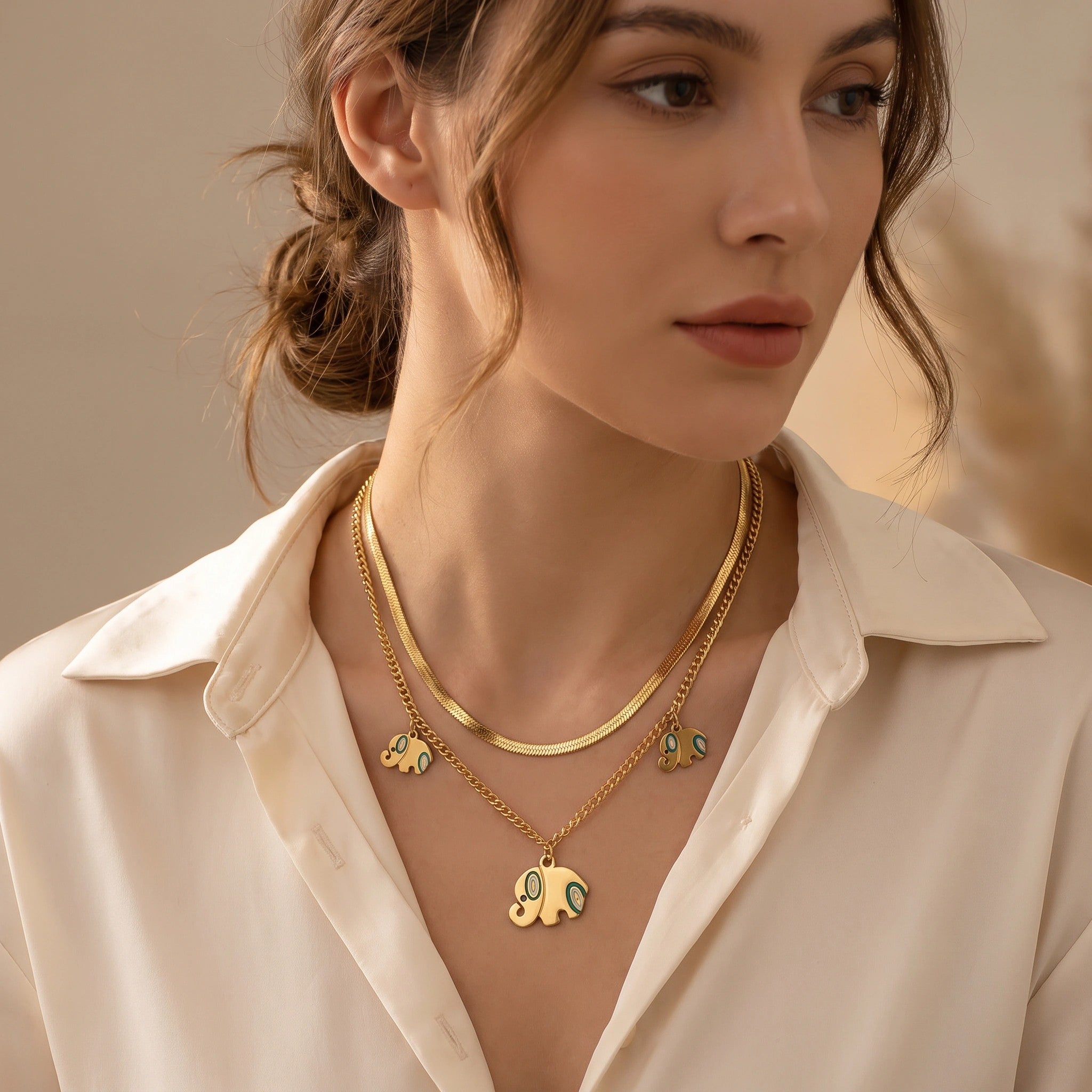 MYKI Anti-Tarnish Elephant Double Layer Necklace (MK939G-SSYI)