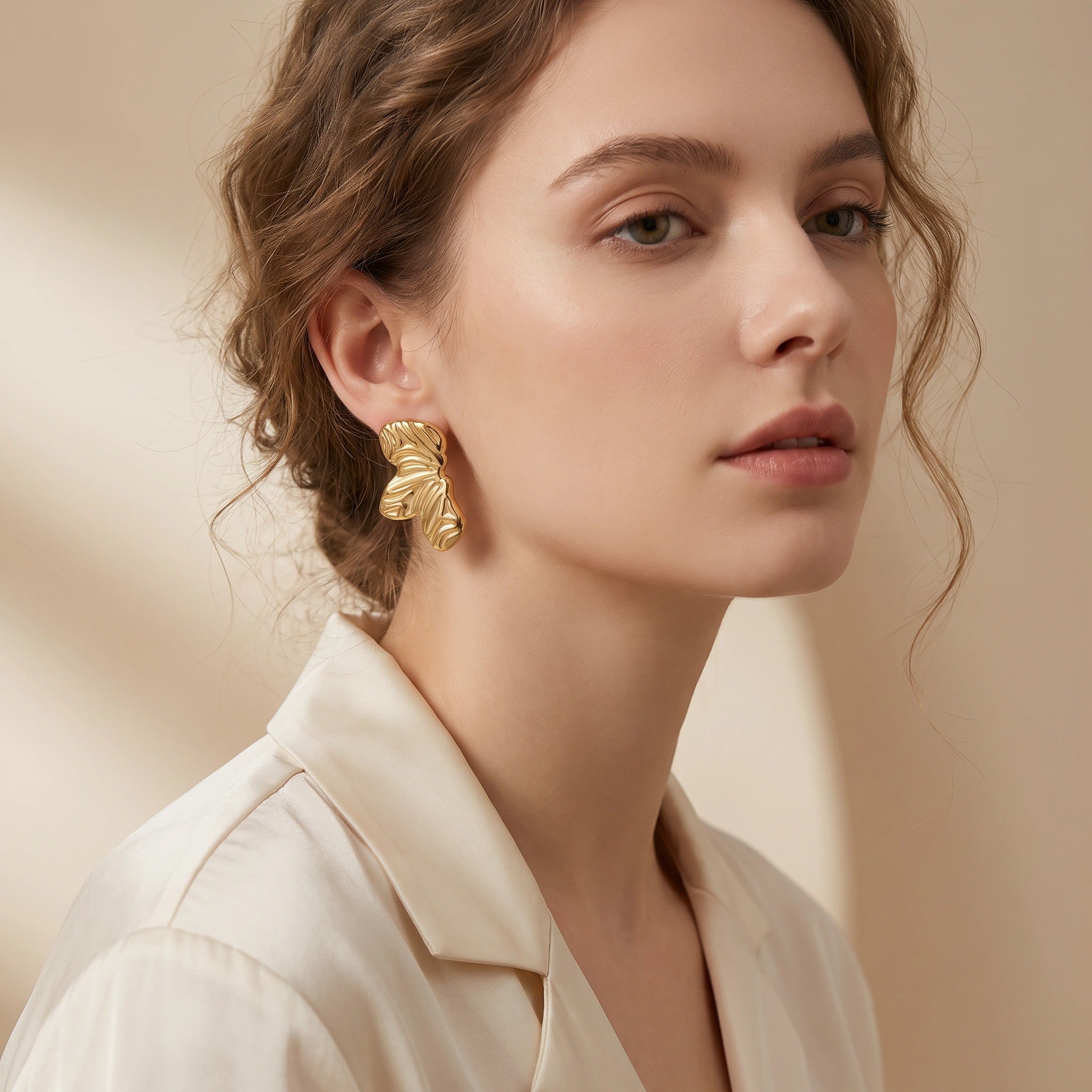 MYKI Gold Plated Textured Petal Anti-Tarnish Statement Earrings (MKERCH942G-SSYI)