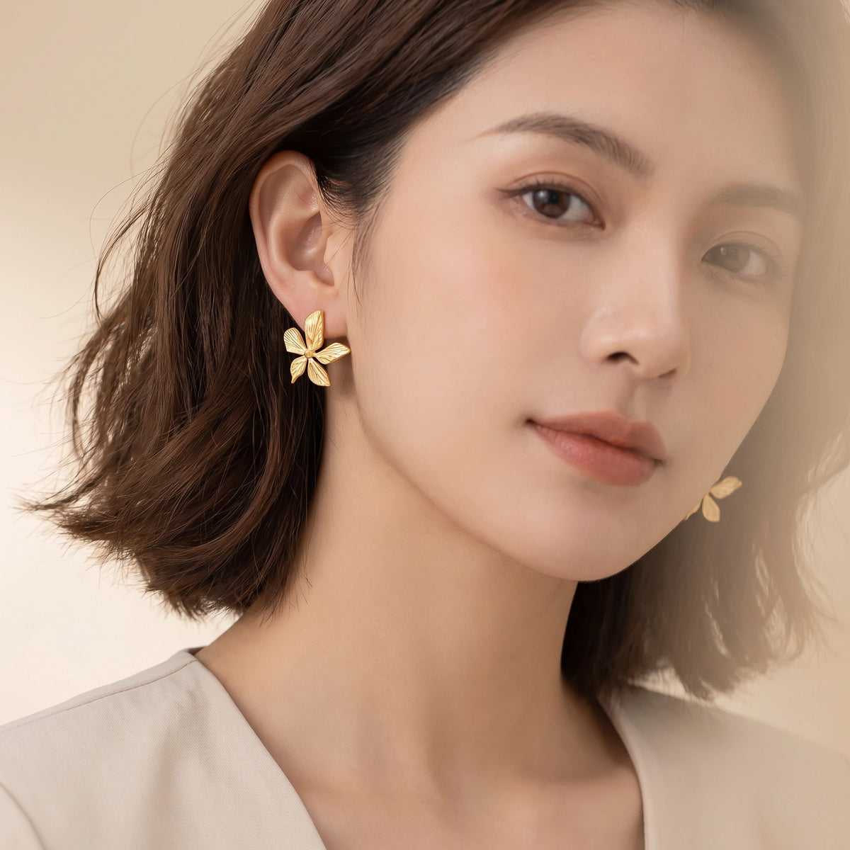 MYKI Gold Plated Five Petal Floral Anti-Tarnish Stud Earrings (MKERCH944G-SSYI)
