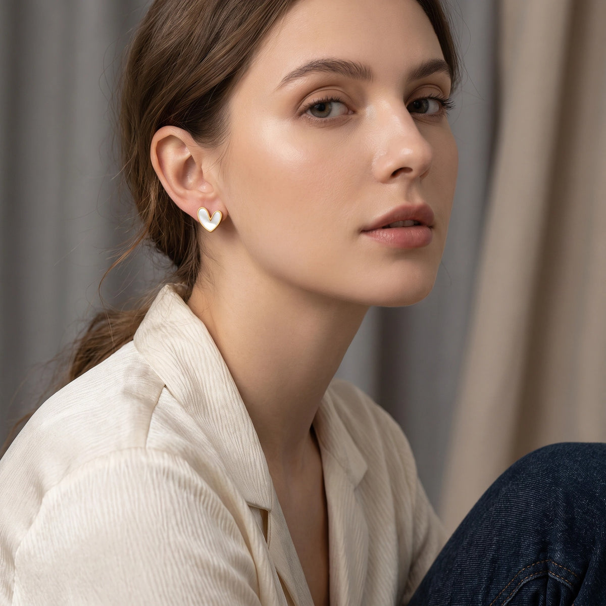 MYKI Gold Plated Heart Mother of Pearl Anti-Tarnish Stud Earrings (MKERCH946G-SSYI)