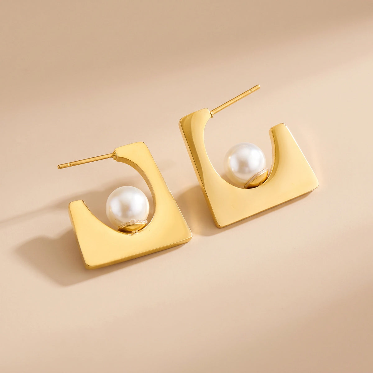 MYKI Gold Plated Geometric Pearl Anti-Tarnish Stud Earrings (MKERCH951G-SSYI)