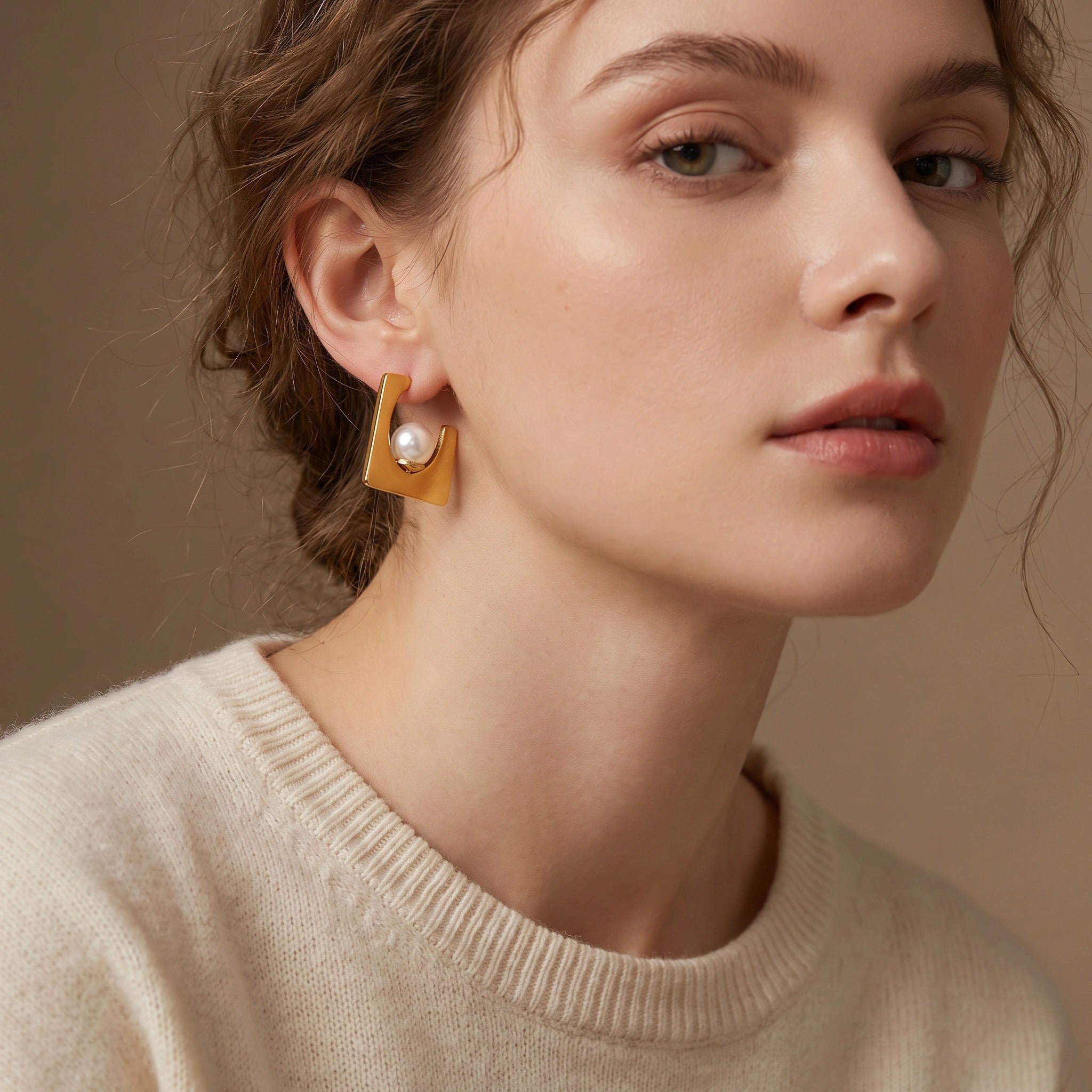 MYKI Gold Plated Geometric Pearl Anti-Tarnish Stud Earrings (MKERCH951G-SSYI)