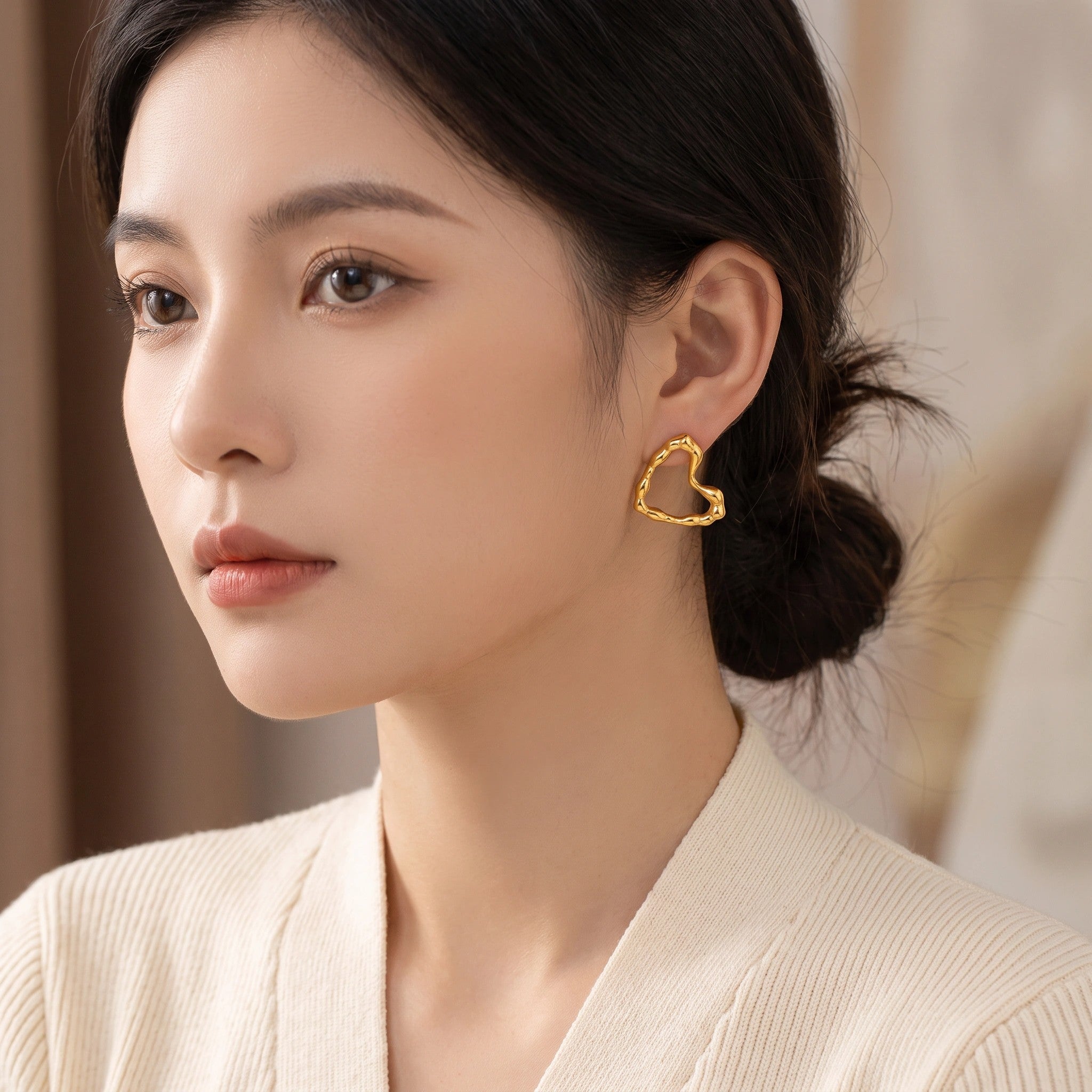MYKI Gold Plated Bamboo Heart Anti-Tarnish Stud Earrings (MKERCH956G-SSYI)