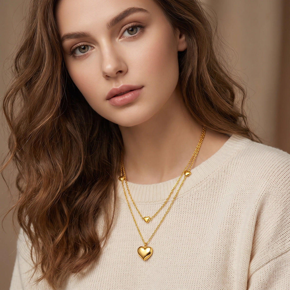 MYKI Anti-Tarnish Dual Heart Layered Necklace (MK958G-SSYI)