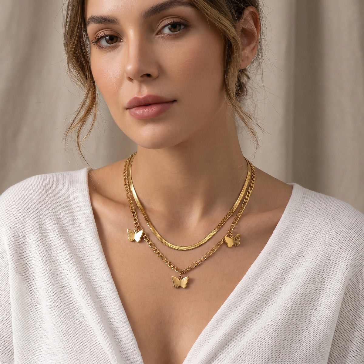 MYKI Anti-Tarnish Butterfly Layered Gold Necklace (MK960G-SSYI)