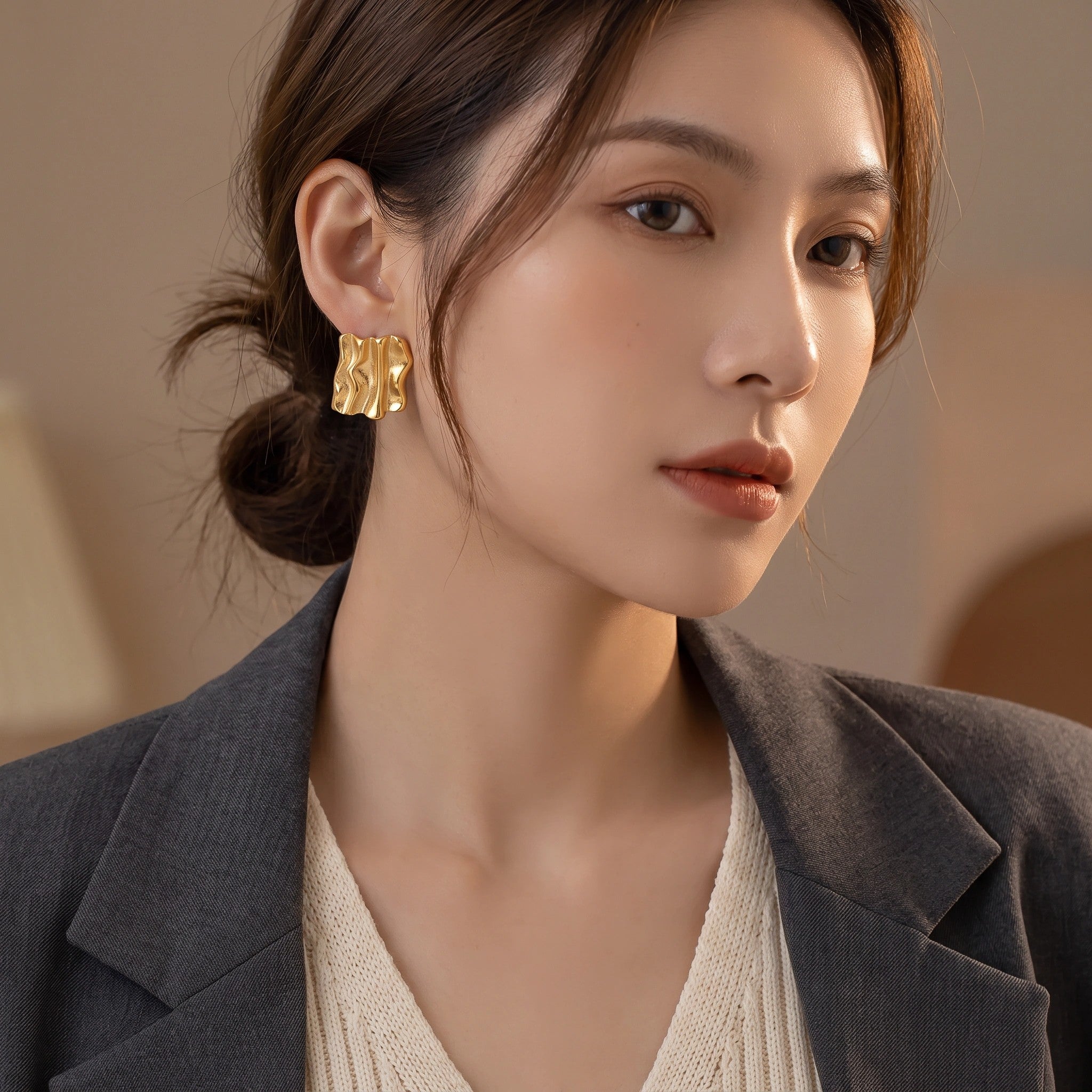 MYKI Gold Plated Ripple Wave Anti-Tarnish Stud Earrings (MKERCH960G-SSYI)