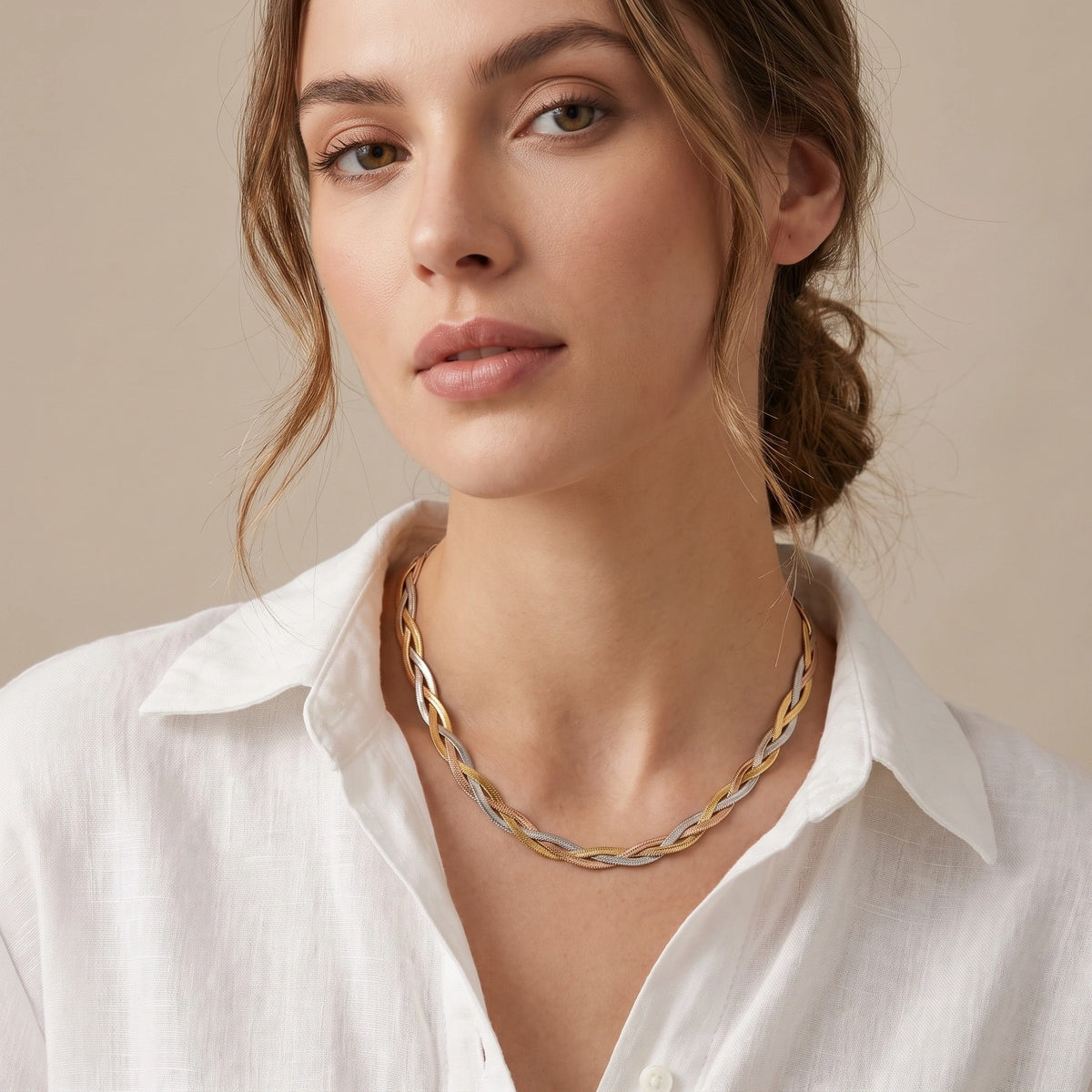 MYKI Anti-Tarnish Tri-Tone Braided Gold Necklace (MK961G-SSYI)