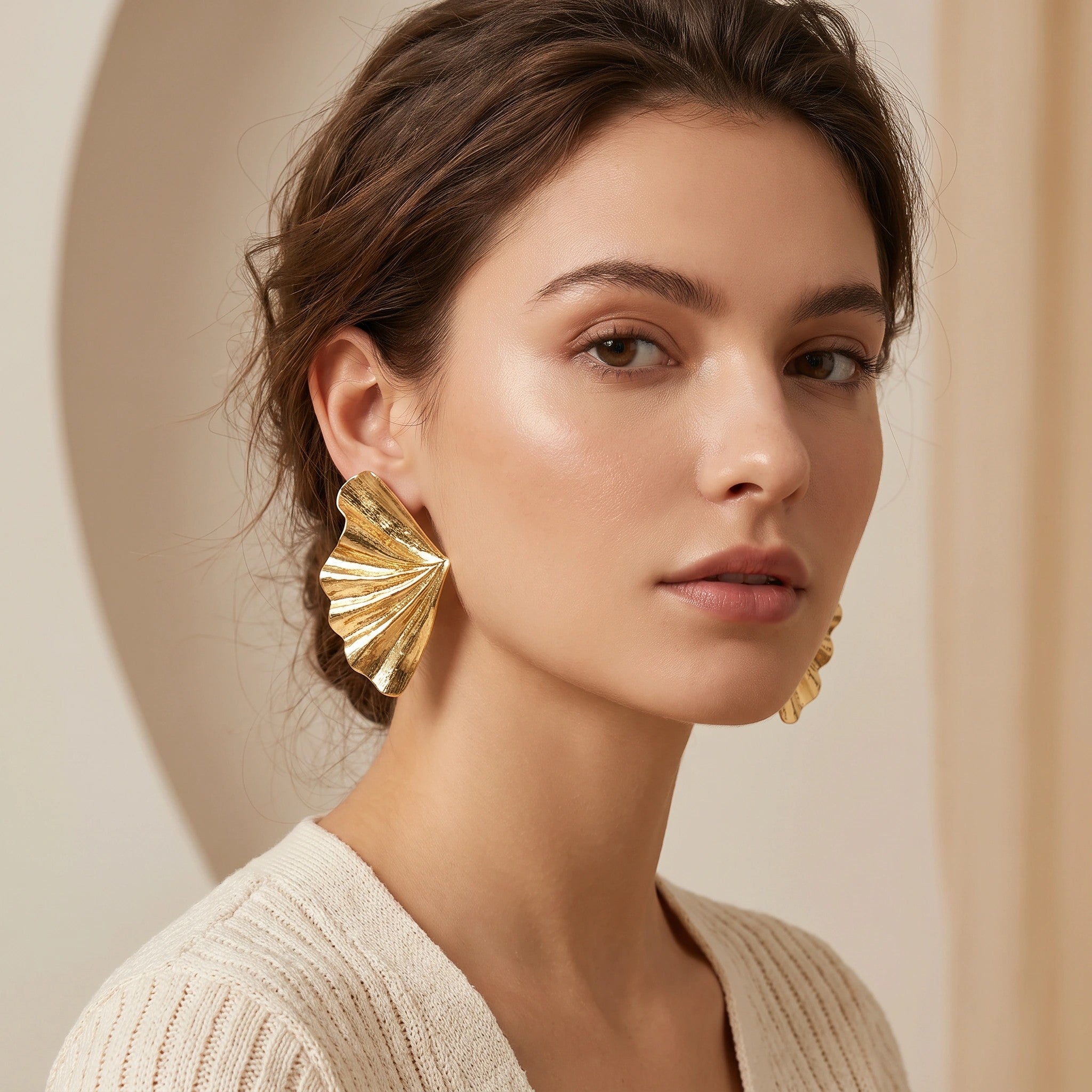 MYKI Gold Plated Leaf Fan Anti-Tarnish Earrings (MKERCH969G-SSYI)