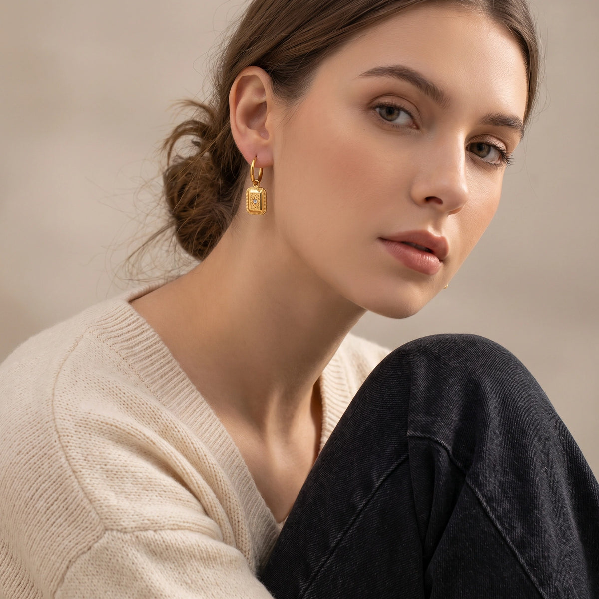 MYKI Gold Plated Anti-Tarnish Rectangular Hoop Earrings (MKERCH976G-SSYI)